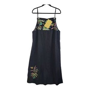 Denim‎ Jumper Dress Sz L New Y2K Artsy Boho Floral Applique - Pockets - Koos